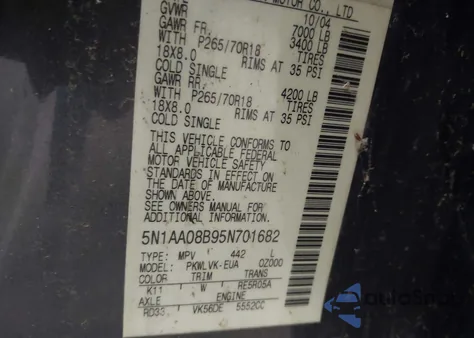 2005 Nissan Armada Le из США, поврежденный, VIN 5N1AA08B95N701682